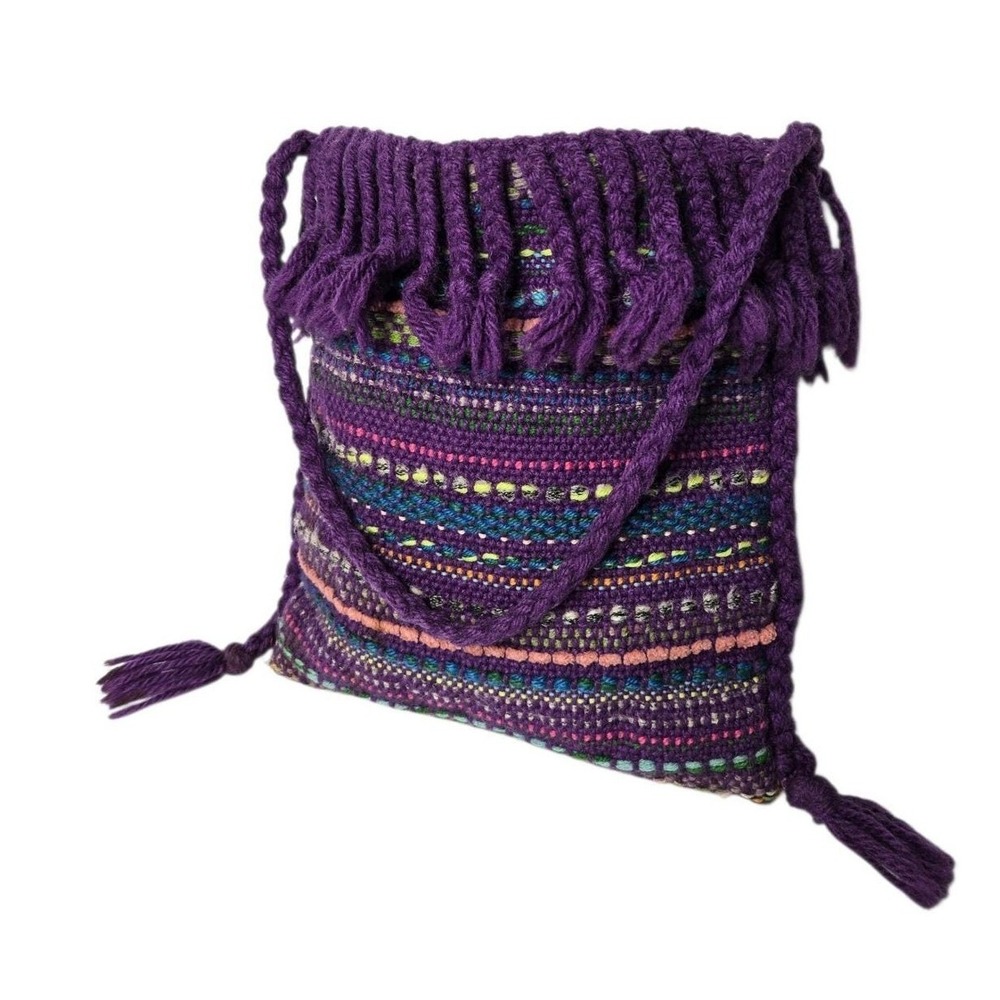 Vintage Hand Woven Purple Yarn Fringe Bag Nellie Burnham Boho Textile Purse 70s - Picture 4 of 14